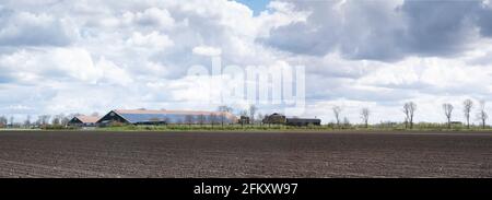 Riesiger Bauernhof mit Haus und modernen Milchkellern in der flachen Wiesenlandschaft des Noordoostpolder in den Niederlanden. Auf dem Dach befinden sich Solarzellen Stockfoto