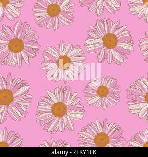 Nahtloses Muster aus weißen und rosa Gänseblümchen mit gelber Mitte auf rosa Hintergrund. Dekorativer Druck für Tapeten, Verpackungen, Textilien, Modestoffe oder andere bedruckbare Bezüge. Stock Vektor