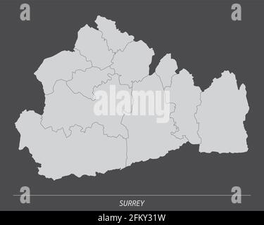 Die Grafschaft Surrey, Verwaltungskarte isoliert auf dunklem Hintergrund, England Stock Vektor