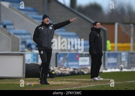 Colchester United Manager, Steve Ball und Mansfield Town Manager, Nigel Clough - Colchester United / Mansfield Town, Sky Bet League Two, JobServe Community Stadium, Colchester, Großbritannien - 14. Februar 2021 nur zur redaktionellen Verwendung – es gelten DataCo-Einschränkungen Stockfoto