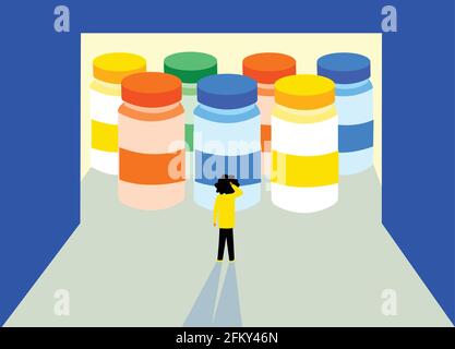 Illustration eines verwirrten Mannes, der vor verschiedenen Impfstofftypen steht, ist er verwirrt darüber, welchen Impfstoff er einnehmen sollte Stock Vektor
