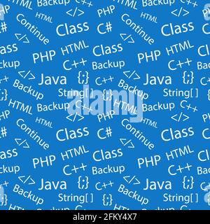 Nahtlose Textur mit mathematischen Zeichen, Programmiersprachen, Elementen und Symbolen auf blauem Hintergrund. Stock Vektor