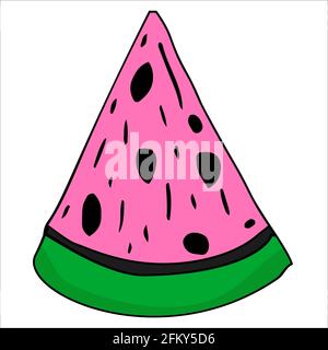Farbe Wassermelone Scheibe mit Samen und beißen Nahaufnahme isoliert auf weißem Hintergrund. Handmalerei auf Papier Stock Vektor