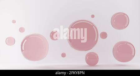 3D-Rendering des abstrakten Science-Fiction-Konzepts. Gruppe von Kugeln schweben. Fliegende Kugeln im leeren Raum, abstrakte Blasen. Pinke Kugeln auf pinkem Rücken Stockfoto