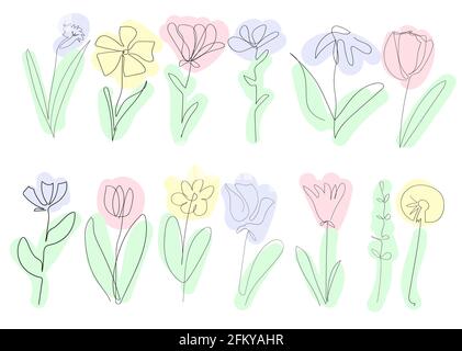 Set von schönen Frühlingsblumen auf weißem Hintergrund, eine kontinuierliche Linie, schwarze Kontur Art farbige Flecken sanfte Pastellfarbe, florale Vektor-Elemente Stock Vektor