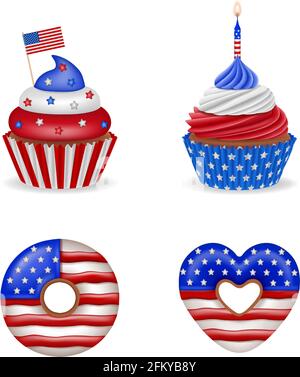 4. juli Kuchen. Set von amerikanischen Unabhängigkeitstag Süßigkeiten. Isolierte Cupcakes und Donuts mit amerika Flagge Farben. Stock Vektor