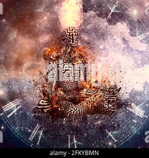 Flammende Meditation. Mann in Lotushaltung. 3D-Rendering. Stockfoto