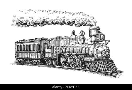 Transportskizze der Dampflokomotive. Handgezeichneter Vintage-Vektor Stock Vektor