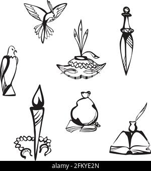 Märchentüten-Set - Buch mit Feder, Adler und Papagei, Dolch, Fackel mit Handschellen, Beutel mit Münzen, Maske Stock Vektor