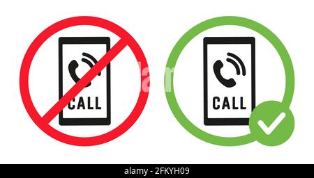 Symbole für Smartphone-Anrufe in durchgestrichenen roten Kreis und Telefon in grünem Kreis. Sprechen Handy-Verbot Zeichen und sprechen erlaubt Vektor flache Illustration isoliert auf weißem Hintergrund. Stock Vektor