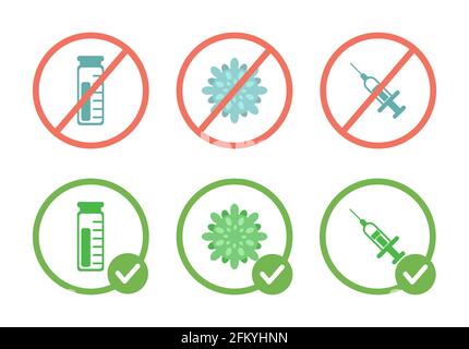 Kein Impfstoff, Viren und Spritzen Verbotszeichen, und Impfung erlaubt Symbole Vektor flache Abbildung isoliert auf weißem Hintergrund. Medizin-Symbole in durchgestrichenen roten und grünen Kreis. Stock Vektor