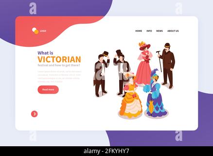 Victorian Festival isometrische Landing Page mit Damen und Herren gekleidet In Kleidung aus dem 18. Jahrhundert Vektorgrafik Stock Vektor