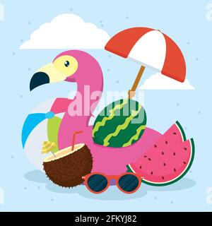 Sommerflamingo schweben mit Icon-Set Stock Vektor