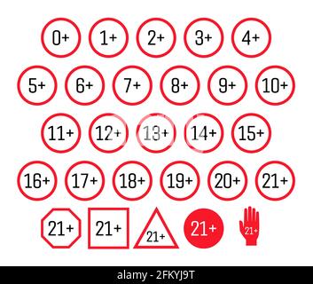 Symbole für Inhalte für Erwachsene eingestellt. Altersbeschränkungen Schilder Vektor flache Illustrationen isoliert auf weißem Hintergrund. Altersgrenze Konzept. Zahlen von Null bis 21 in roten Kreisen, Dreiecken und Quadraten. Stock Vektor