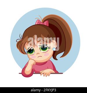 Niedliche traurige Mädchen Gesicht Emotion Vektor Illustration. Zeichentrickfigur. Vektorgrafik isoliert auf Weiß. Für Avatar, Aufkleber, Druck und Design, Post Stock Vektor