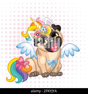 Puppy Pug in einem bunten Kostüm eines Einhorns. Vektorgrafik. Zeichentrickfigur. Pugicorn. Humor-Poster. Für T-Shirt-Komposition, Aufdruck, des Stock Vektor