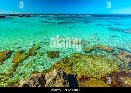 Tourismus in Perth. Rottnest Island, Westaustralien. Landschaftlich schöner Blick von den Rundungen über das tropische Riff im türkisblauen kristallklaren Meer von Little Salmon Bay, A Stockfoto