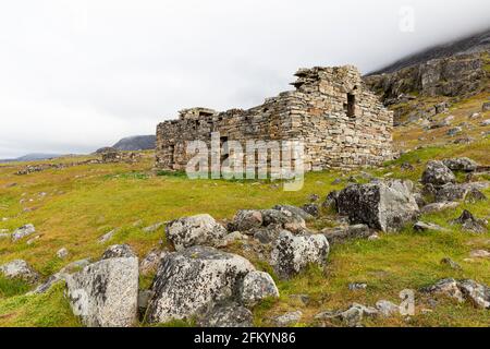 Kirche in Grönlands größter, am besten erhaltener nordischer Farmstuckruine in Hvalsey, Qaqortukulooq, Grönland. Stockfoto