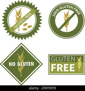 Set von glutenfreien Kreis- und Rechteck-Logo-Etiketten in Grüne und olivgrüne Farben isoliert auf weißem Hintergrund Stock Vektor