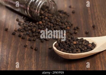 Piper nigrum - schwarze Pfefferkörner; Foto auf dunklem Holzhintergrund. Stockfoto