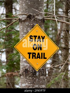 Ein leuchtend gelbes Schild auf einem Adirondack-Wander- und Schneemobilpfad, auf dem die Menschen darauf hingewiesen werden, auf dem Pfad zu bleiben, um das Betreten von Privateigentum zu vermeiden. Stockfoto