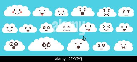 Weiße flache Vektorwolke mit Emoji. Wolken Cartoon-Symbole auf blauem Hintergrund mit Schatten für Website-Design, Logo, App. Bubble Icon Kollektion für Infografik-Design. Lustige Gesichter Etikett, Aufkleber Stock Vektor