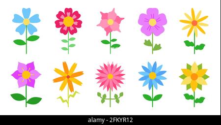Vektor flache Blumen auf Stielen im Retro-Stil, für die Dekoration von Postkarten, Werbebroschüren von Kinderkleidung, Geschirr, für die Zimmerdekoration Stock Vektor