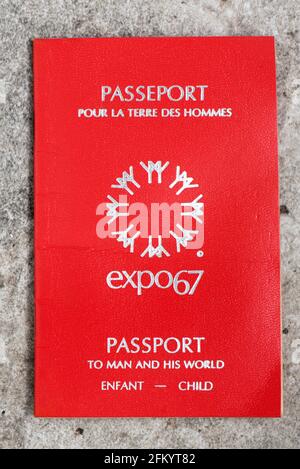 Original-Kinderpass für die Expo 67 Weltausstellung in Montreal. Stockfoto