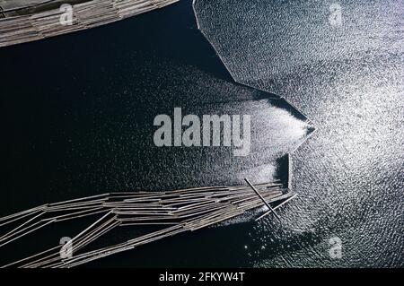 Luftaufnahme von Blockbooms im Ladysmith Harbour, Vancouver Island, British Columbia, Kanada. Stockfoto