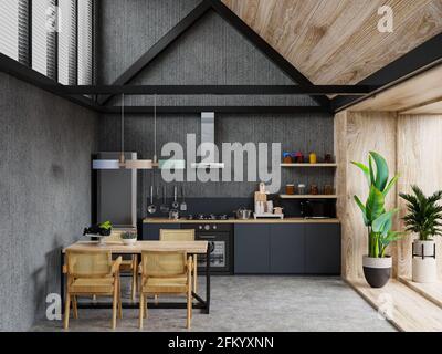 Innenraum der geräumigen Küche mit Betonwand.3d-Rendering Stockfoto