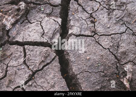 Tiefe Risse im Boden. Der trockene Boden rissig. Schwarzer Boden mit tiefen Spaltungen. Die Folgen eines Erdbebens. Stockfoto