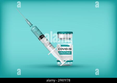 Covid-19-Impfstoffflasche mit Spritze und Nadel im grünen medizinischen Hintergrund, Vektorgrafik Stock Vektor