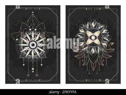 Vektor dunkle Illustrationen mit heiligen Geometriesymbolen, Grunge Texturen und Rahmen. Bilder in schwarz, weiß und Gold., Vektor dunkle Illustrationen mit s Stock Vektor
