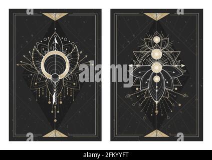 Vektor dunkle Illustrationen mit heiligen Geometriesymbolen, Grunge Texturen und Rahmen. Bilder in schwarz, weiß und Gold., Vektor dunkle Illustrationen mit s Stock Vektor