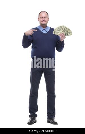 In vollem Wachstum. Reifer Mann zeigt Geldscheine. Stockfoto