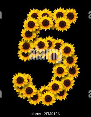 Bild der Nummer 5 aus gelben Sonnenblumen, die auf schwarzem Hintergrund isoliert sind. Design-Element für Love Concepts Designs. Ideal für Muttertag und Stockfoto