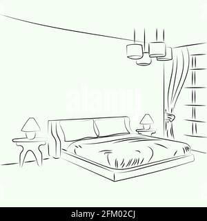 Hotelzimmer mit Kingsize-Bett und Linien- oder Skizzenstil. Vektordarstellung „Konturdesign“. Stock Vektor