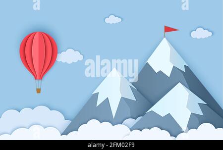 Berge in Papierschnitt-Stil. Landschaft mit Wolken von drei schneebedeckten Bergen und einem fliegenden roten Heißluftballon. Vektor Origami-Karte Illustration Stock Vektor