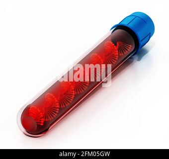 DNA-Helix in der Blutflasche isoliert auf weißem Hintergrund. 3D-Illustration. Stockfoto