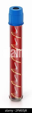 DNA-Helix in der Blutflasche isoliert auf weißem Hintergrund. 3D-Illustration. Stockfoto