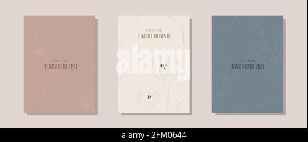 Sammlung von zeitgenössischen Blumen Hintergründe. Handgezeichnete abstrakte botanische Poster. Minimalistisches Innenraumdesign und natürliche Wandkunst. Moderner Vektor Stock Vektor