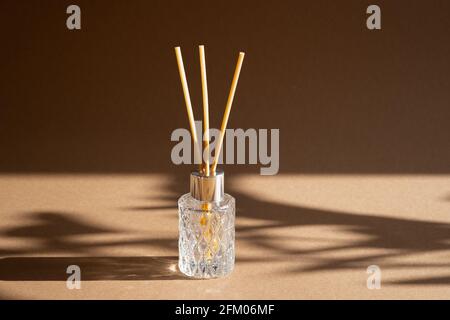 Aromatischer Reed Lufterfrischer auf braunem Hintergrund harter Schatten. Aromatherapie-Sticks. Lufterfrischer-Flaschendiffusor. Ästhetische, minimalistische Seitenansicht Stockfoto