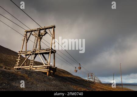 Alte Seilbahn für den Transport von Kohle aus Minen in Longyearbyen - der nördlichsten Siedlung der Welt. Spitzbergen, Norwegen Stockfoto