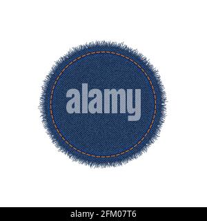 Denim Kreisform mit Stichen. Zerrissene jean-Aufnäher mit Naht. Vektor-realistische Darstellung auf weißem Hintergrund Stock Vektor