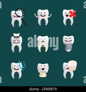 Lächelnde Zähne Vektor mit verschiedenen Elementen gesetzt. Niedlicher Charakter mit Gesichtsausdruck. Lustige Icons für Kinder-Design. realistische 3d-Vektorillust Stock Vektor