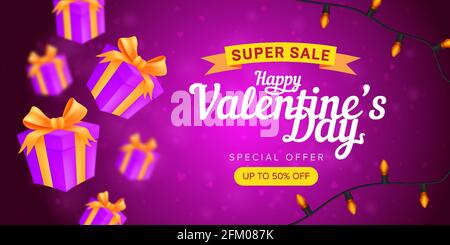 Alles gute zum Valentinstag Sonderangebot horizontale Flyer Vorlage oder Werbung super Sale Banner. Vektor-Illustration von fliegenden Geschenkboxen mit gelber r Stock Vektor