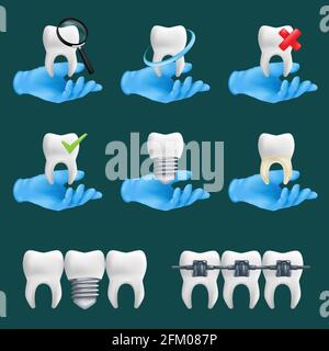 Zahn-Icons Vektor-Set mit verschiedenen Elementen für verschiedene Website-Dienstleistungen. 3d-realistische Darstellung der Hände eines Zahnarztes mit blauen Schutzen Stock Vektor