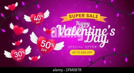 Alles gute zum Valentinstag Sonderangebot horizontale Flyer Vorlage oder Werbung super Sale Banner. Vektordarstellung von fliegenden roten Herzen mit Prozentwerten Stock Vektor