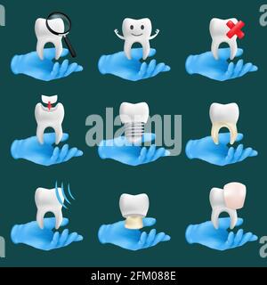Zahn-Icons Vektor-Set mit verschiedenen Elementen für verschiedene Website-Dienstleistungen. 3d-realistische Darstellung der Hände eines Zahnarztes mit blauen Schutzen Stock Vektor