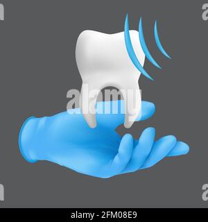 Zahnarzt Hand trägt blauen Schutz OP-Handschuh mit einem keramischen Modell des Zahnes. 3d realistische Vektor-Illustration von professionellen Dental Clea Stock Vektor